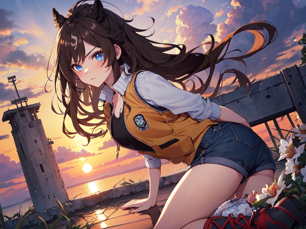 solo, one girl, human ear, (blue eyes), (short height, flat chest), (vertical rolls, vertical rolls, long hair, hair tied at the back of the head with a big red ribbon, flower hair ornament in front), (serious face), (lying on back on mat), (denim shorts, boots, sweatshirt, vest), (sunset sky, evening sun, evening sky, beachside), (chest centered, tilted angle), (high resolution, masterpiece, accurate, anatomically correct, multiple awards, top quality, detail, high quality model, high detail, high quality, quality, retina, highly detailed, textured skin, ultra high definition)