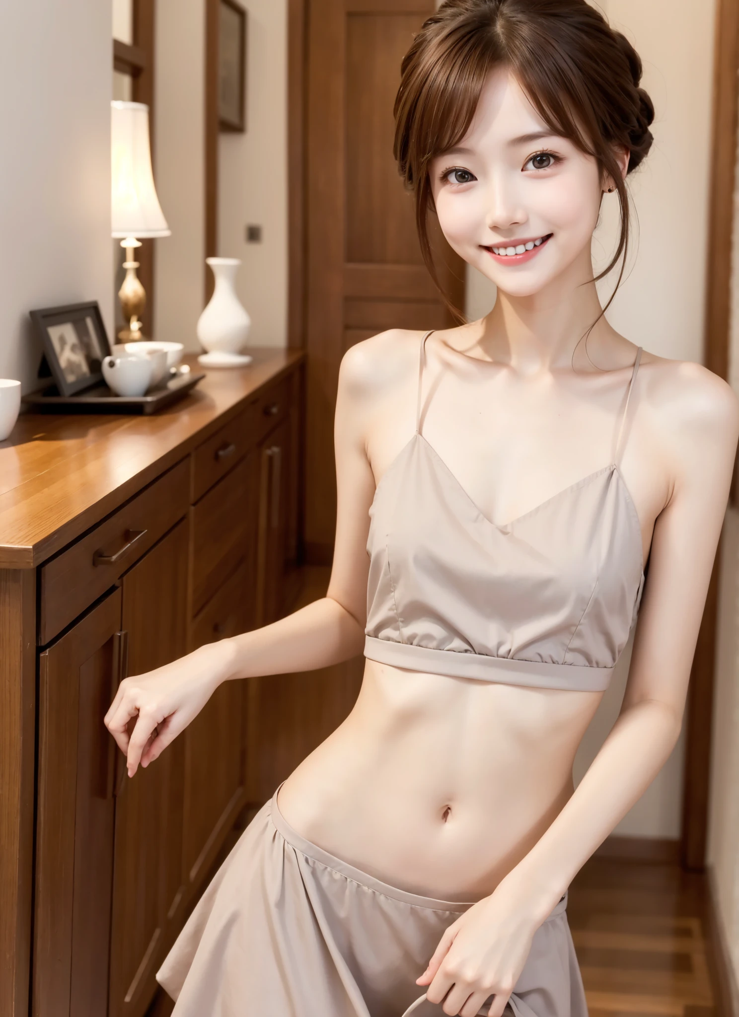 Maid,cute pretty girl,masterpiece,high definition,4k,8k,16k,chignon hair,brown hair,skinny,thin body,smile