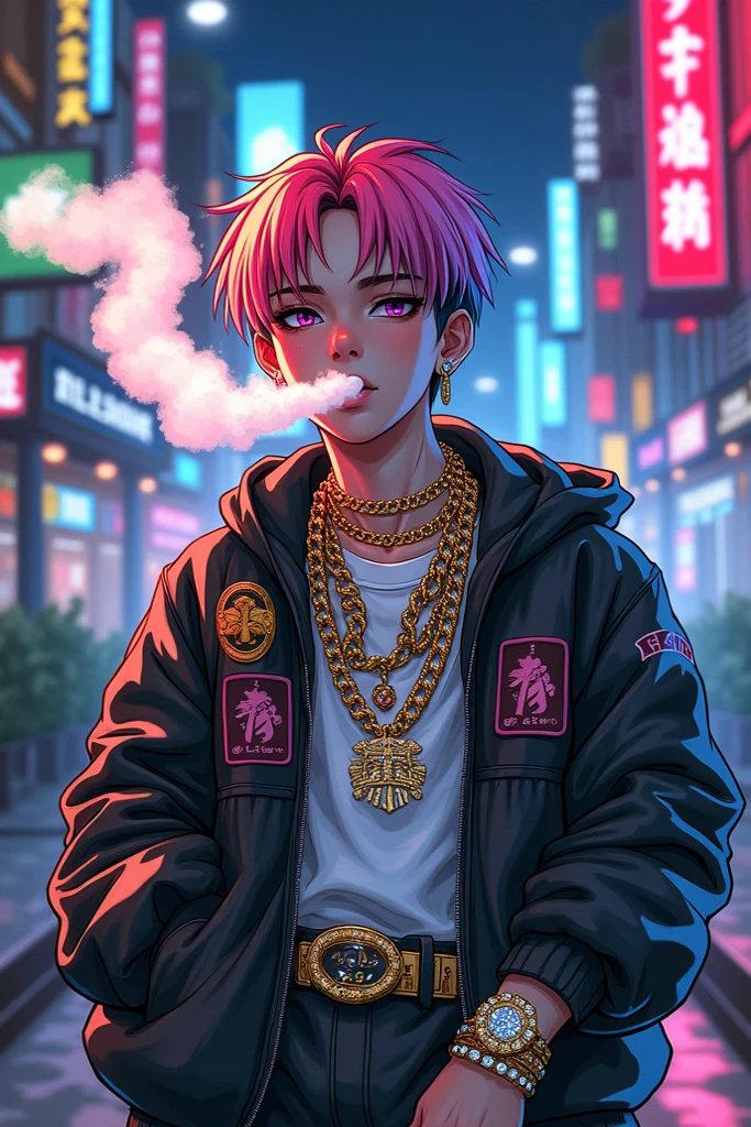 White rapper in anime smoking marijuana and wearing expensive jewelry ...