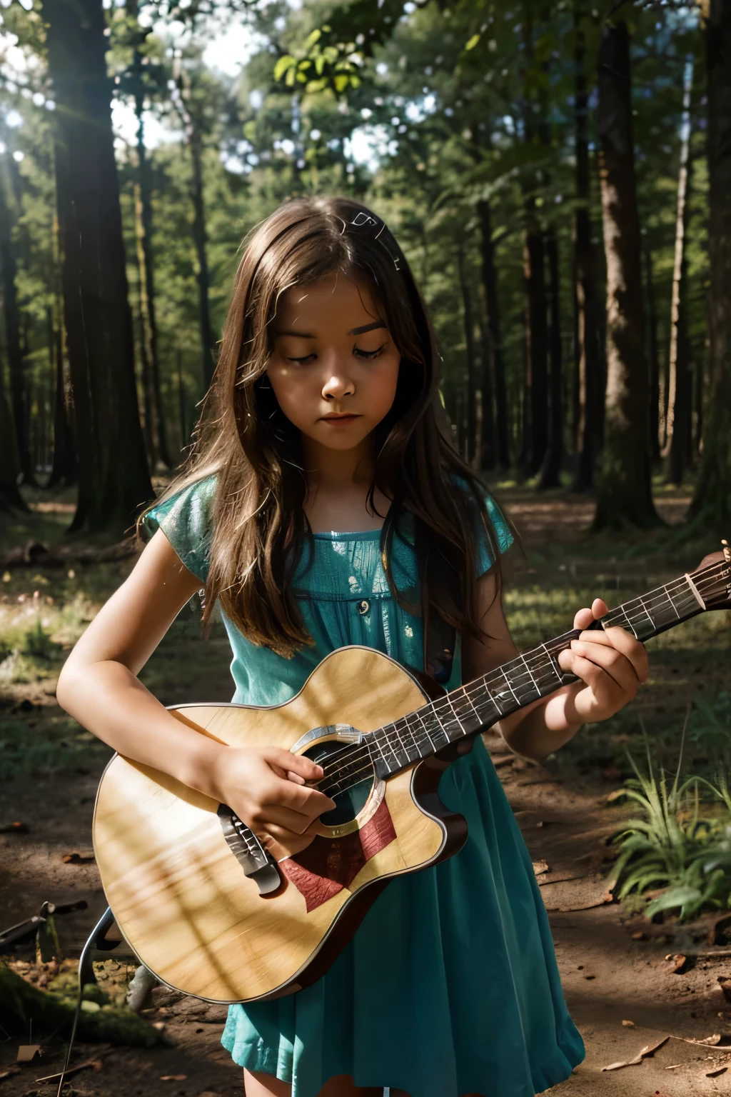 beauty girl age 10yo playing guitar in the forest, illuminated by the morning sun