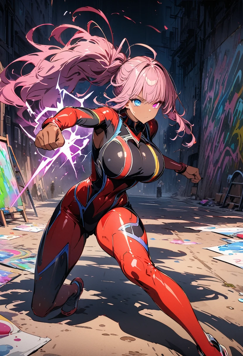 Comics style, Beautiful, Various full-body attack poses and immersive effects, Hover effect, Brightly colored graphite style background 1 woman, pink hair, dark skin, ponytail, glowing pink eyes, "HDR Ultra" detailed and with focus effect, (masutepiece: 1.2, Best Quality), (finely detailed beautiful eye: 1.2), ((Beautuful Women)), (finely detailed  eyes and detailed face:1.3), (beautiful and clear background:1.2), (extremely details CG, Ultra-detailed, Best Shadow:1.1),((Depth of field and blur)), ((watercolor paiting)), beautiful conceptual illustration , (White background:0.5), (Very thin and beautiful: 1.1), (perfect  detail: 1.1) Doodle style background, digitial illustration, Perfect Anatomy, Center, Dynamic, Highly detailed, Watercolor painting, art  stations, concept-art, Heterochromia, Sharp Focus, Full body shot, character sheets, Lightning Wave, beautiful anime watercolors, graffiti paint, Fine detail, full of colour, intricate detailes, Proportions illustration,rubbersuit, huge tit,fist