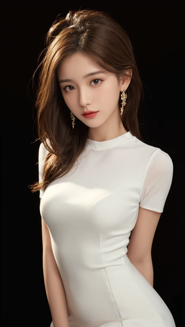 best quality,HDR,UHD,8K,Vivid Colors,solo,medium-shot,(1girl:1.5),(standing:1.3),from front,soft light,(looking at viewer:1.6),Elegant,detailed gorgeous face,(outdoors background:1.1),cowboy shot,rc,(grey dress:1.3),