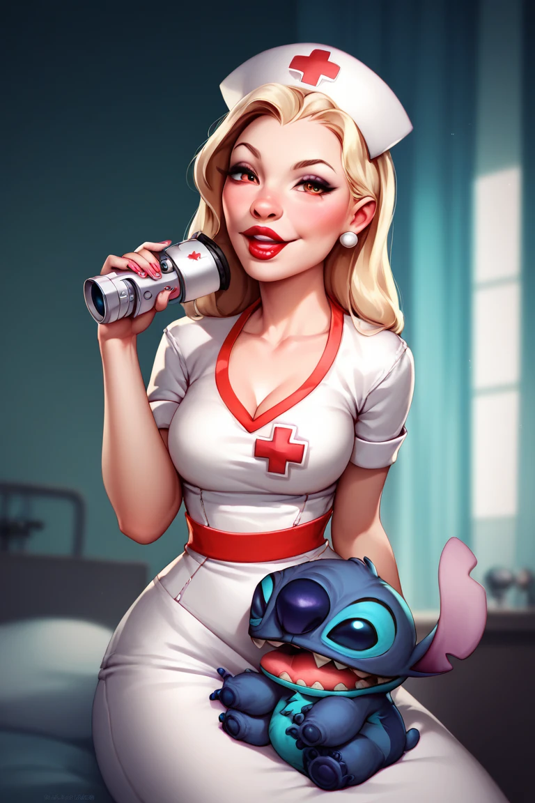 Stitch dressed like a nurse smilint at the camera, very detailed