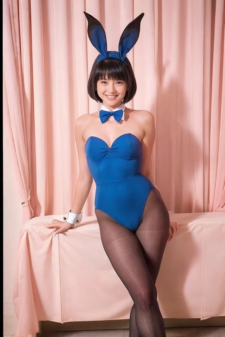  one girl who is at ease, fake rabbit ears, Blue leotard, bowtie, pantyhose, wrist cuffs, (black_pantyhose),  black hair,  bob cut from the front, smile, ((full body))