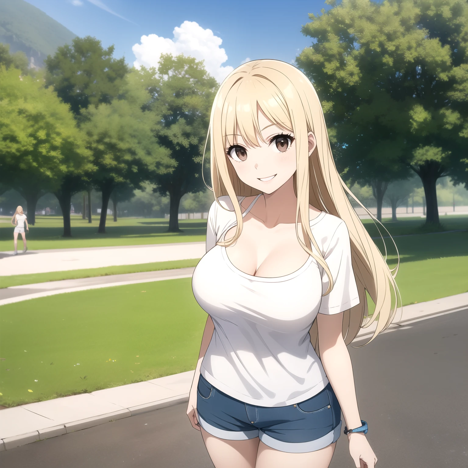  Blonde woman with long hair ,  bright brown eyes ,  big breasts. happy smile, short white shirt with neckline. Shorts azules , accessories. a park. 1 girl only , Single woman.