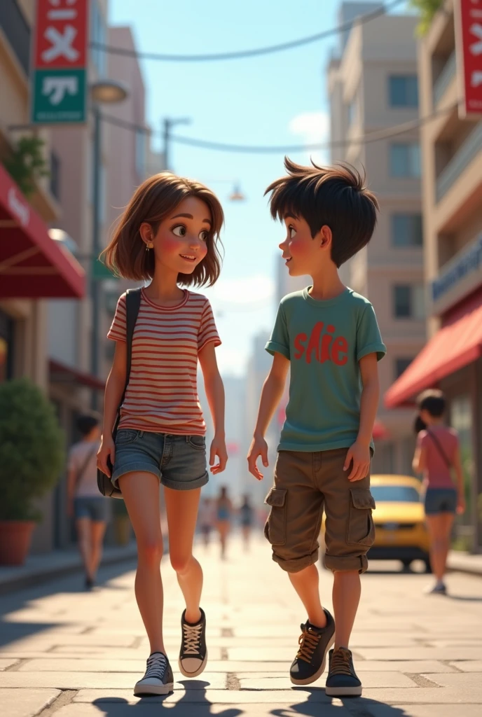 Create an image of a 15-year-old girl and boy talking on a road in their city 