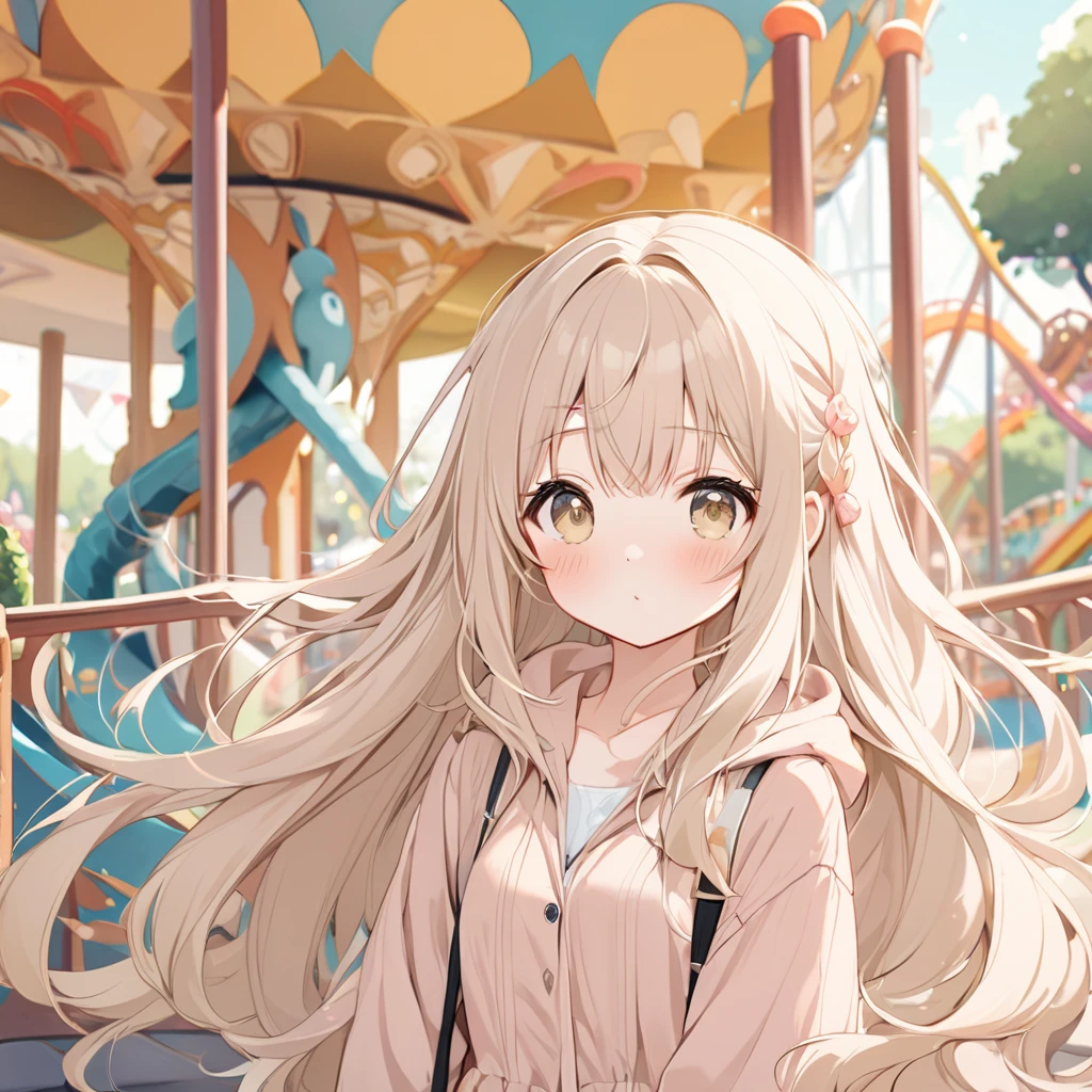 Master piece, High resolution, 1girl, solo, lazy cute girl, fluffy beige long hair, beige eyes, date, theme park, pale color, kawaii,