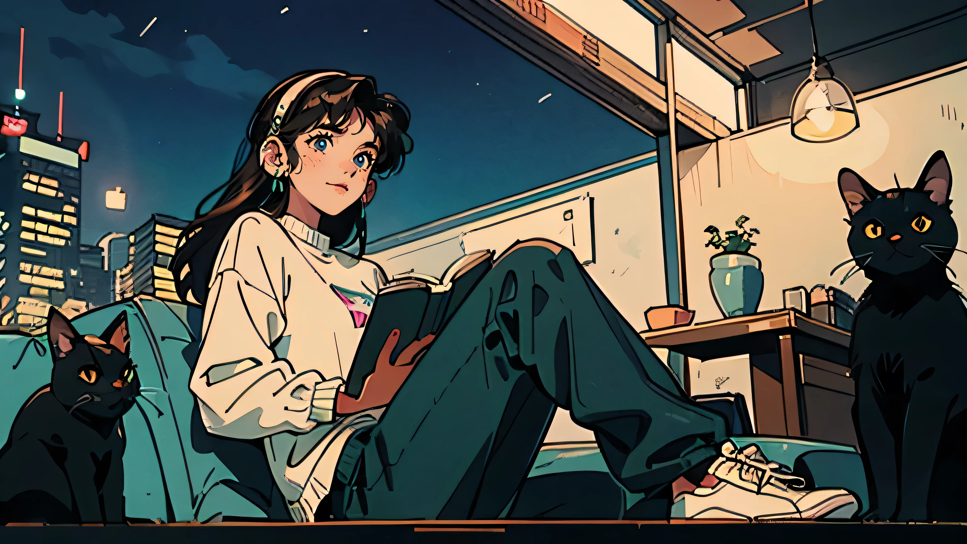 Anime girl sitting on a couch with a cat and a book - SeaArt AI