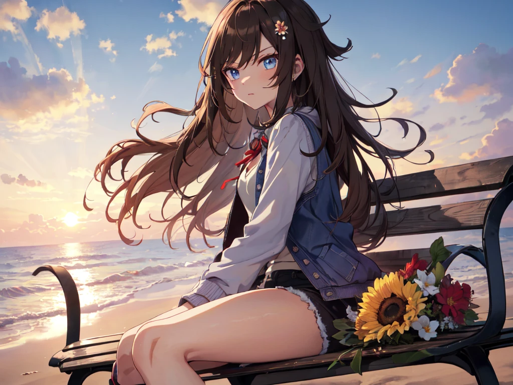 solo, one girl, human ear, (blue eyes), (short height, flat chest), (vertical rolls, vertical rolls, long hair, hair tied at the back of the head with a big red ribbon, flower hair ornament in front), (serious face), (sitting on bench), (denim shorts, boots, sweatshirt, vest), (sunset sky, evening sun, evening sky, beachside), (chest centered, tilted angle), (high resolution, masterpiece, accurate, anatomically correct, multiple awards, top quality, detail, high quality model, high detail, high quality, quality, retina, highly detailed, textured skin, ultra high definition)