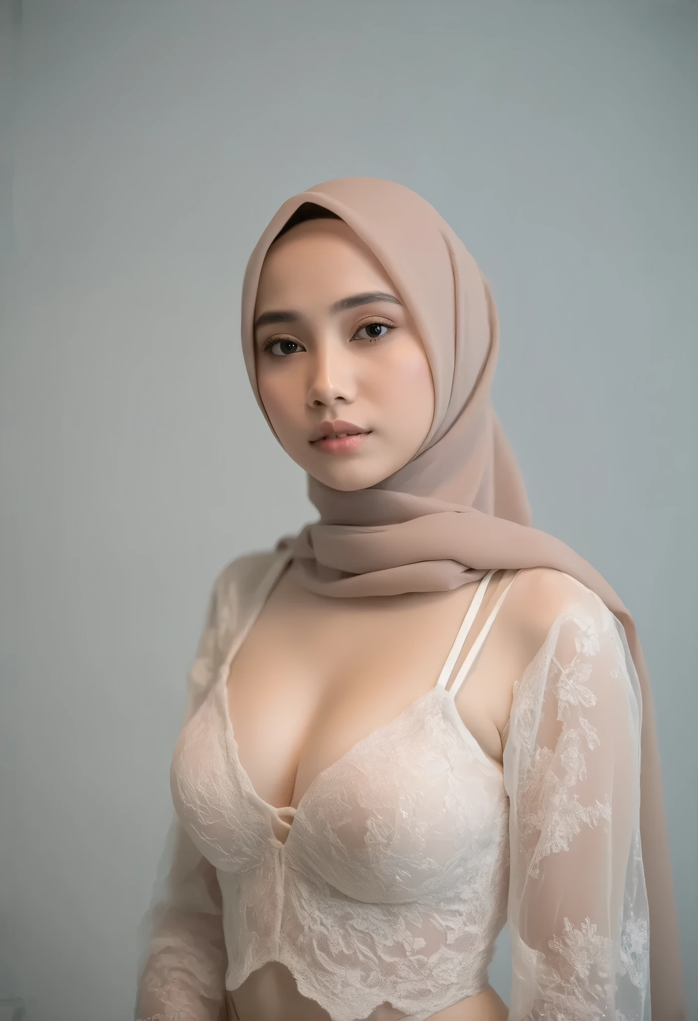 A white-skinned indonesian hijab girl wearing a sexy lace lingerie, open breast, exposed breast, large breast, full hijab