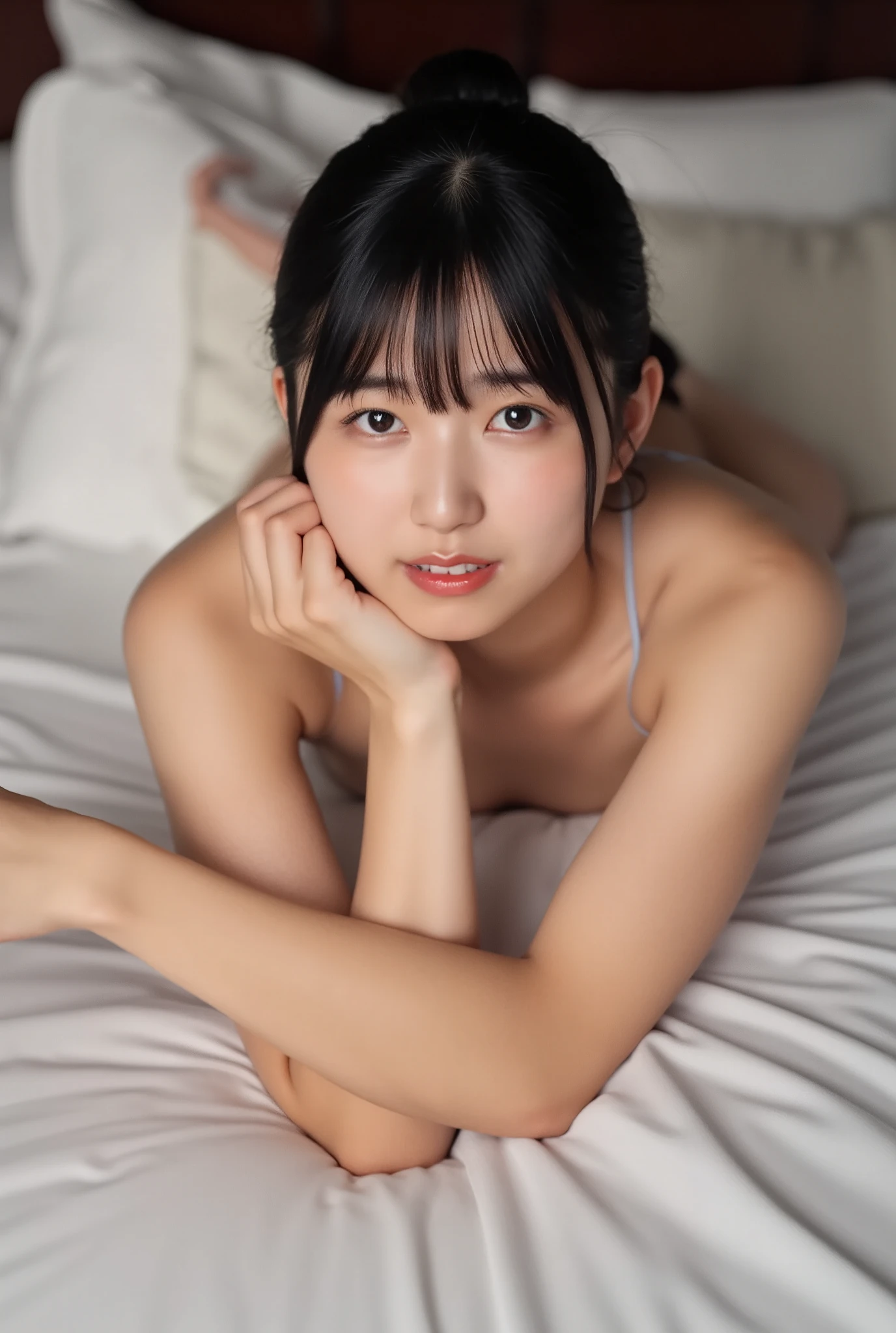 A high resolution photograph of a young Japanese woman, intricate details, professional lighting, sharp focus, solo, 1girl, lying on the bed in luxury hotel room at night, posing for gravure photography, sensual posture, after sex, (completely nude, naked, crossed arms, covering own nipples:1.4), slender body, fair skin, detailed face, detailed eyes, sophisticated nose, ashamed, lewdlook, (facing viewer, view from above:1.5), (perfect hand, perfect anatomy, correct anatomy)