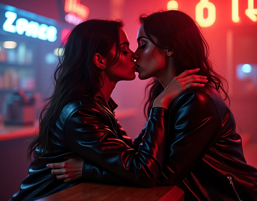(photorealism:1.2), athletic black woman (belly dancer, tattooed all over, sculpted figure) kissing a Caucasian white girl (young, nerdy, wears glasses and casual t-shirt and jeans and is a head shorter than the woman) in a nightclub