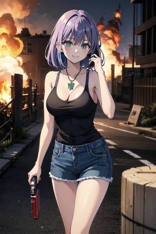 RINSLET WALKER, GREEN EYES, NECKLACE, whole body, cleavage, black tank top、sexy blue denim skirt 1girl, Alone, facing viewer, looking at viewer,  holding a handgun 、upper body, fence、 smile,Infiltrate a military base、Military base exploding in flames、The building is on fire