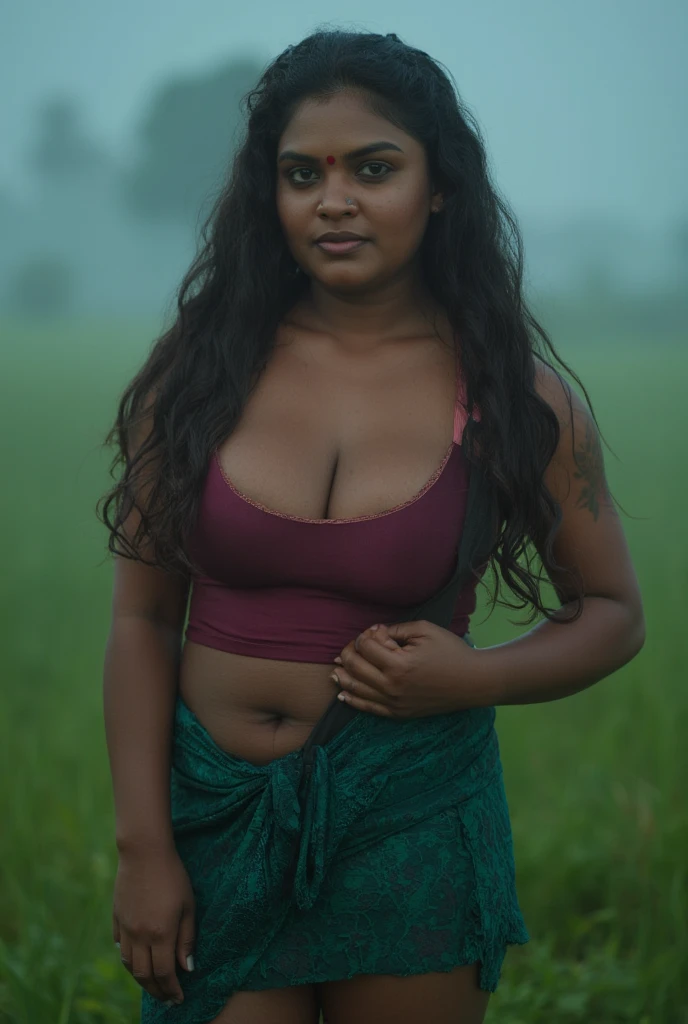 Photo of a kerala hindu model, long flowing hair that touches the ground and spreads out in intricate waves, 28 years old, kerala nude model, ((((jut busty tuberous breast)))), heavy physique, juicy figure, heavy figure, heavy wide ass,  love triangle shape wide hip, tiny waist,  apple shap hip and navel, red pimple cheek, standing in grass field, ((((moody village atmosphere))), tuberous boobs, clear face, blue dew drops, golden gods ray, big butt, (((show deep navel))), half body, blue atmosphere, nude thigh show,moody fogy daylight, r4w photo, dark nipple and dark areola, masterpiece, ((((Extremely Realistic)))), Realism, Raw photo, Photography, High detailed A hyper-detailed, visible skin details and pores, show alluring face, emphasizing skin texture, eyes, and emotional expression. The focus is on precision, natural beauty, and captivating details, Lace or satin mini skirt in deep tones like dar emerald, burgundy, or emerald green, Sultry smoky eyes with winged eyeliner,Contoured cheeks with a touch of highlighter for a luminous glow, Bold lips in shades of red or nude gloss for a sensual finish, The skin texture is visible, showing natural wrinkles, pores, and fine lines. The nails are neatly trimmed with a slight natural shine, and subtle imperfections such as tiny ridges or slight discolorations add realism, detailed five fingers, The fingers are slightly curled, creating soft shadows between them.  highlighting the intricate details of the skin and nails. A neutral background ensures the fingers remain the focal point, Add soft flyaways for a more natural, intimate feel, Standing tall with one hand on the hip, the other gently adjusting a strap, with direct eye contact, Create a mix of intimate and confident portraits, , shot on Fujifilm GFX 100 II Large Format Camera, Prime lens with a wide aperture (e.g., 80mm f/1.7) for sharp focus on the subject and creamy bokeh, Aperture: f/1.7–f/2.8 for shallow depth of field, ISO: Low for noise-free, crisp images