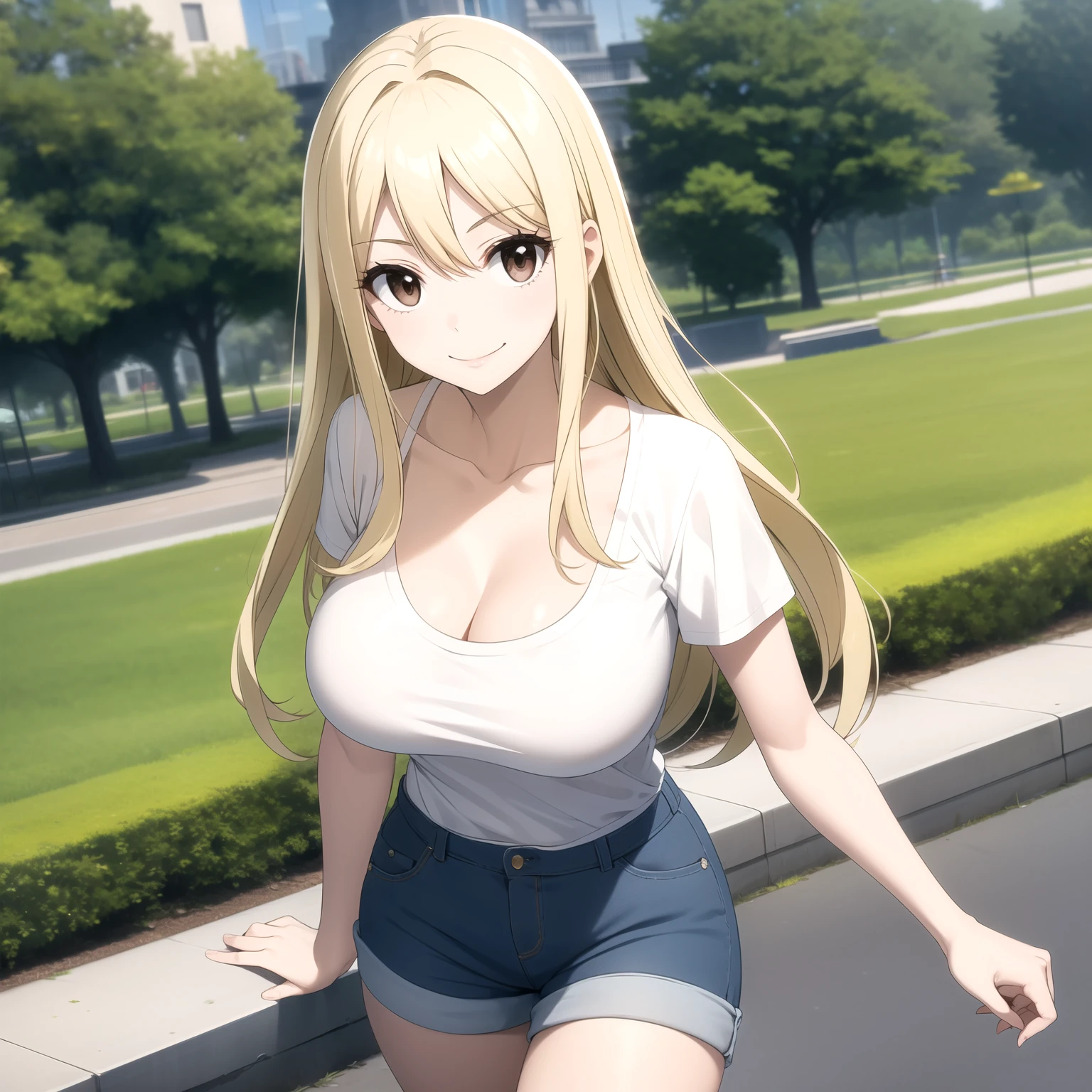 blonde golden-haired woman with long hair,  bright brown eyes ,  big breasts. happy smile, short white shirt with neckline. Shorts azules , accessories. a park. 1 girl only , Single woman.