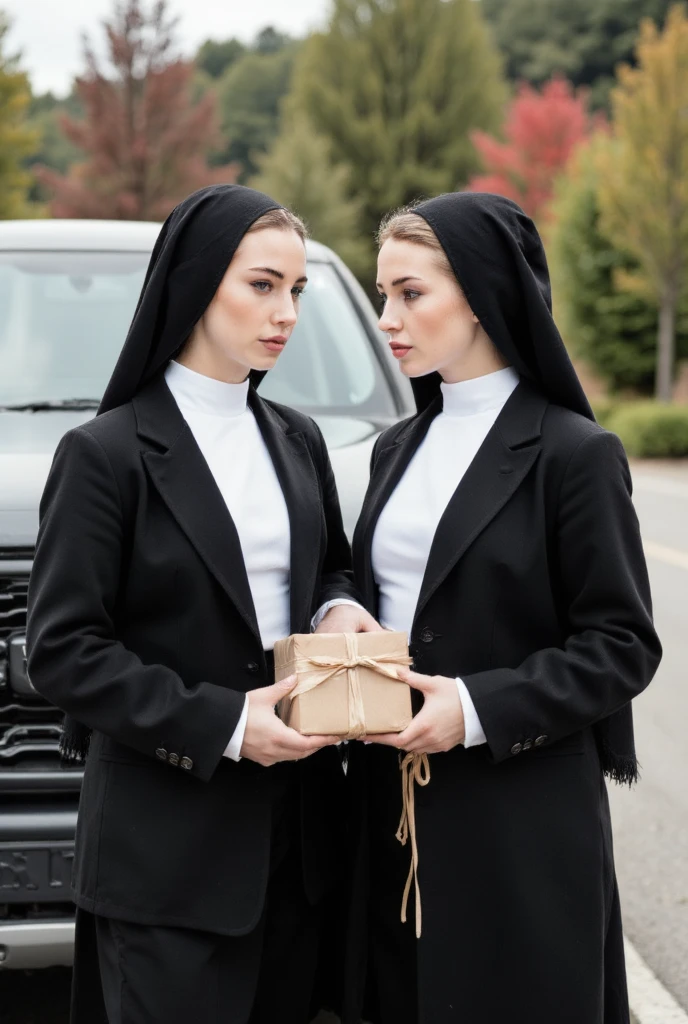 two beautiful nuns , ( with a Slavic face ) (You are holding an m4a1 ) ( she has a very hot dress ) ( she is in front of a Ford Raptor van) (The nuns are very sexy) ( you have in your hands a package wrapped with light brown packing tape)