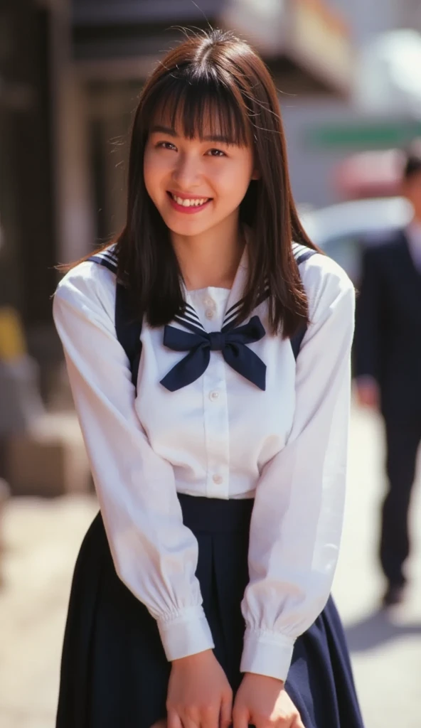 (((Mika, 1girl, solo, all body))), 8k, raw photo, perfectly focused, best focus, realistic skin texture, masterpiece, highest quality, photorealistic, school uniform, leaning forward, in a downtown