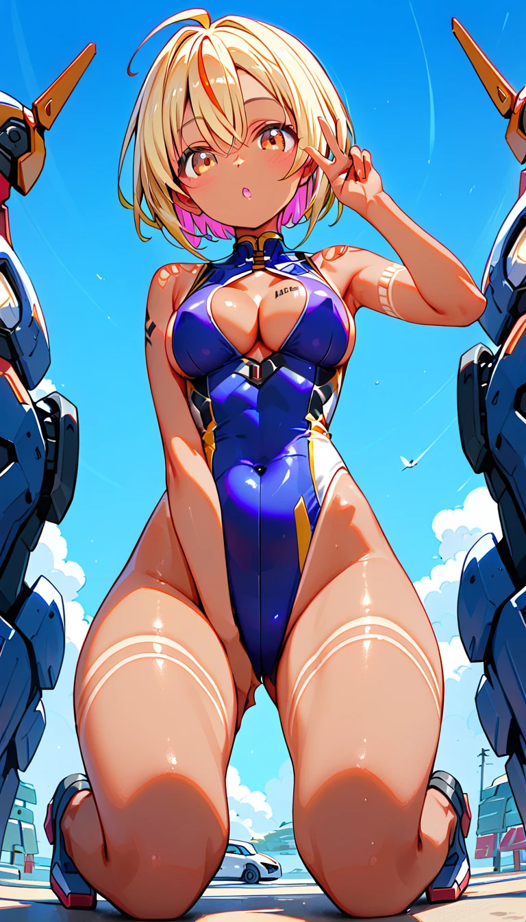 (score_9, score_8_up, score_7_up, score_6_up, score_5_up, score_4_up, just describe what you want, tag1, tag2, highest quality, Best quality, masterpiece,) BREAK she has small breasts, (((perky breasts))), ((covered nipples)), (cleavage) BREAK , slender waist, skinny, baby face , round face , BREAK ( ( happy), (half open eye), (parted lips),) , BREAK (streaked hair, hair intakes, colored inner hair, ), (asian, hind hair, tanned skin, tanned line)  BREAK ((((extremely extremely close-up Thighs, bust-up, looking at viewer, from below, )))), (((1 lady, she is wearing mecha_musume costume, separate breasts, writing tattoos at breast “LOVE”, kneeling, speeding legs, hand between legs, victory sign nearby her chin , pop style background, ))),