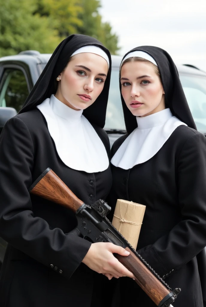 two beautiful nuns , ( with a Slavic face ) (You are holding an m4a1 ) ( she has a very hot dress ) ( she is in front of a Ford Raptor van) (The nuns are very sexy) ( you have in your hands a package wrapped with light brown packing tape)