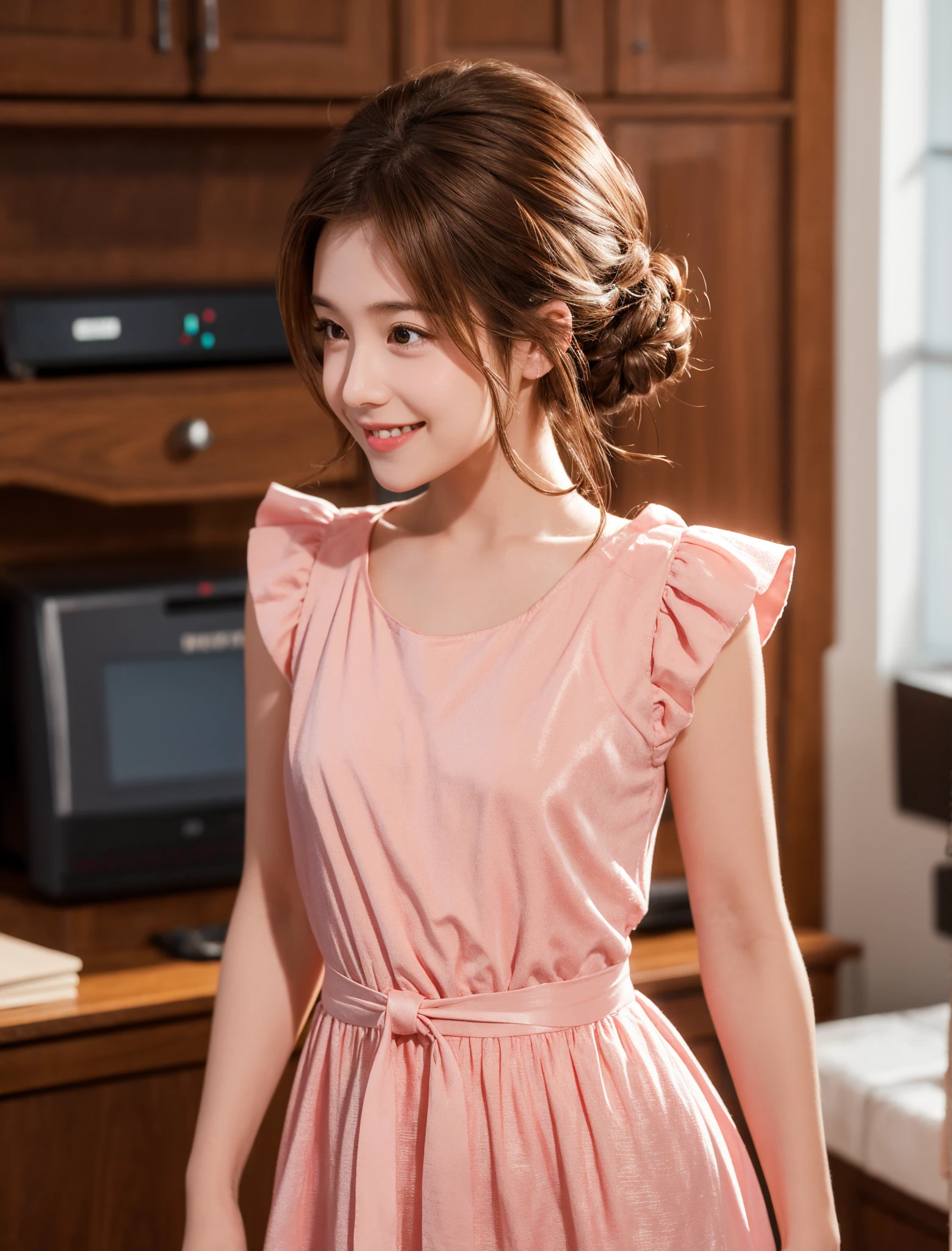 Maid,cute pretty girl,masterpiece,high definition,4k,8k,16k,chignon hair,brown hair,skinny,thin body,smile