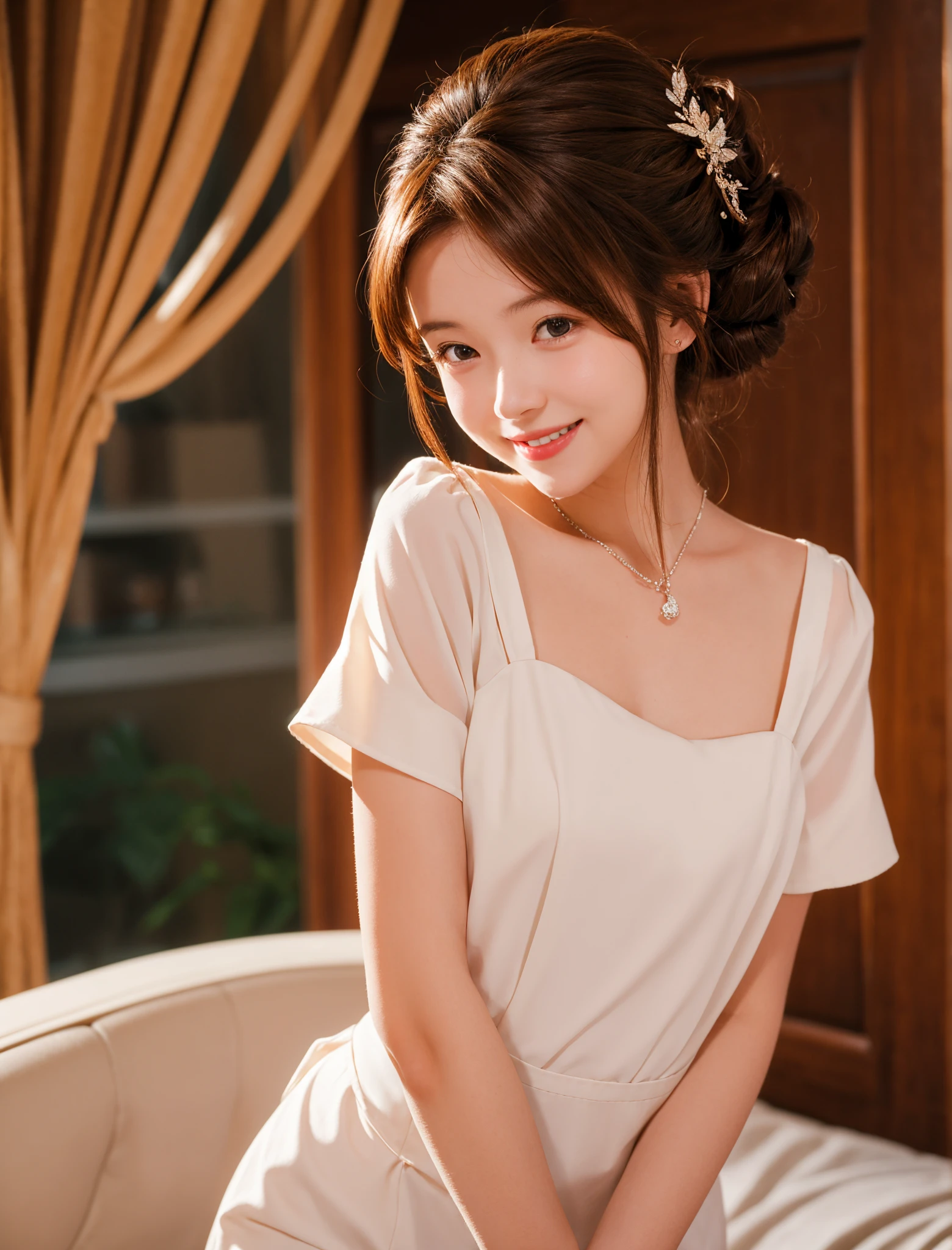 Maid,cute pretty girl,masterpiece,high definition,4k,8k,16k,chignon hair,brown hair,skinny,thin body,smile