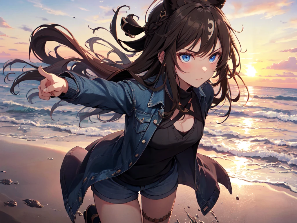 solo, one girl, human ear, (blue eyes), (short height, flat chest), (vertical rolls, vertical rolls, long hair, hair tied in a large ribbon at the back of the head, hair ornament in front), (serious face), (looking up at the sky and pointing), (denim shorts, boots, cable knit dress), (sunset sky, evening sun, evening sky, beachside), (chest centered, tilted angle), (high resolution, masterpiece, accurate, anatomically correct, multiple awards, top quality, detail, high quality model, high detail, high quality, quality, retina, highly detailed, textured skin, ultra high definition)