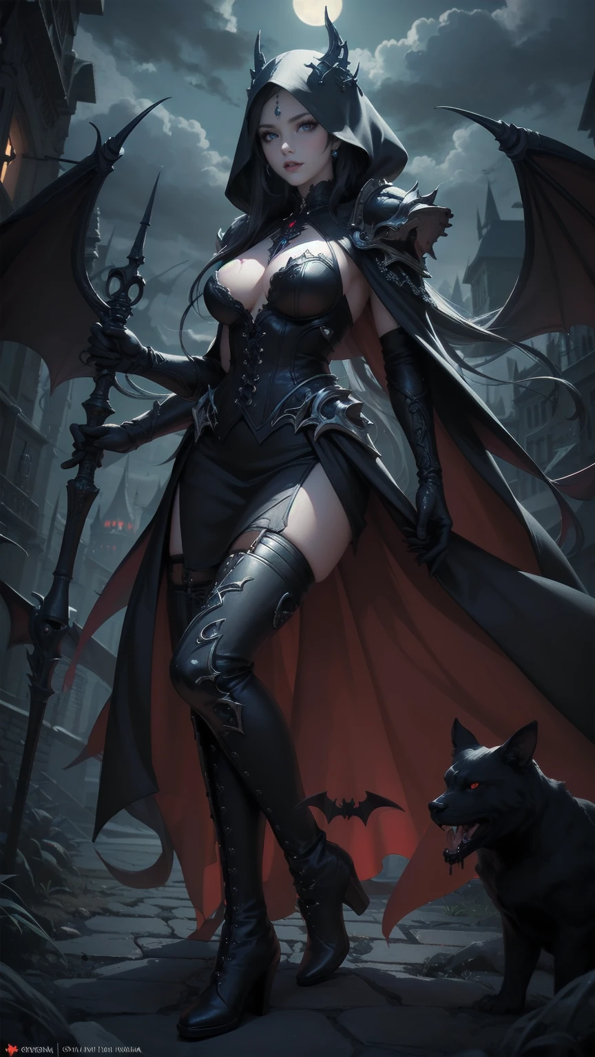 queen power armor , (gothic style), full body view , bellybutton, The most beautiful and sexy demon goddess, long white hair, glowing red eyes, wearing detailed black gothic battle armor, black angel wings, tattoos and piercings, gothic castle, perfect masterpiece, high quality, high resolution