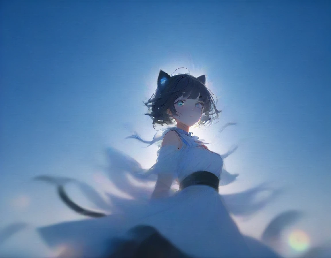 1girl, absurdly long black hair blunt bangs, blue eyes, cat ears, cat tail, chestnut mouth, large breast, open shoulder maid uniform, high waist short skirt, wind browing, floating hair, white background, contrapposto, cool expression, from below, look at viewer, soft focus, lens flare, masterpiece, best quality, vivid light color, Vector Art, 2D flat, simple shapes, professional graphic, flat color, Sleek design, 1girl, absurdly long black hair blunt bangs, blue eyes, cat ears, cat tail, chestnut mouth, large breast, open shoulder maid uniform, high waist short skirt, wind browing, floating hair, white background, contrapposto, cool expression, from below, look at viewer, soft focus, lens flare, masterpiece, best quality, Matte frosted color, Vibrant colors, Layering impasto (oil painting:1.1), ultra-detailed texture, perfect composition, intricate details, high resolution, High contrast, sharp focus, Delicate brushwork, ,AddXL,Dream Scenery