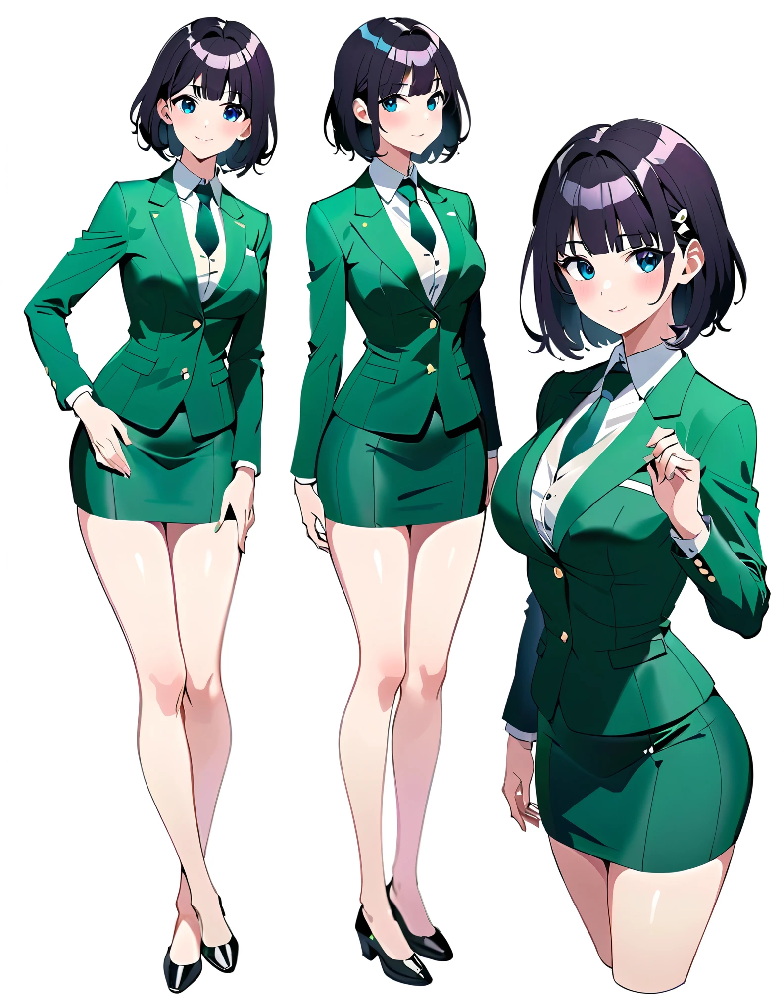 (masterpiece), (best quality), (highres), 1girl, solo, highly detailed, green suit and tie, pencil skirt, miniskirt, bare legs, matching shoes, looking at viewer, perfect hands, perfect eyes, perfect legs, perfect arms, perfect fingers, medium breasts, purple hair, short hair, bob hair, blue eyes, standing, smile, full body with costume. Simple background, multiple views of the same character,model sheet,chatacter sheet