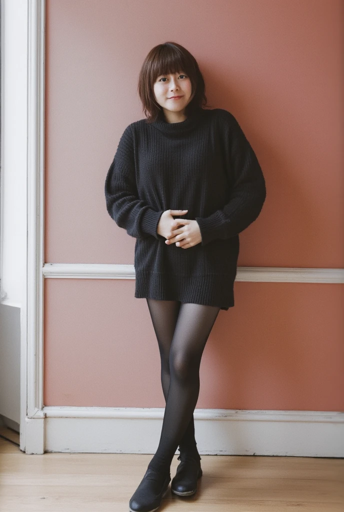 8k, RAW Photo, Best Quality, Masterpiece:1.2),(Realistic, photo-realistic:1.37), Super Detail, She is wearing transparent black long sleeve leggings, no pants, black pantyhose, tight fitting black long sleeve turtleneck, She is wearing black long sleeve leggings and black pantyhose.cinematic lighting, standing straight, monotone background, facing front, full body, smiling 