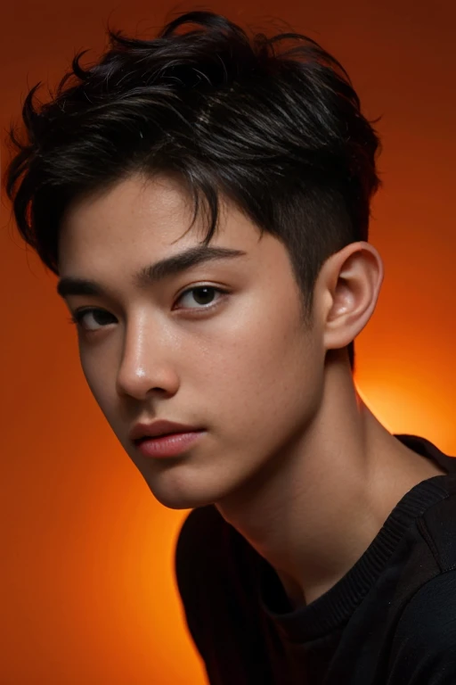 in 8K、 high-quality masterpiece,  1 boy , Shorthaired. hair short. A dark-skinned . orange background