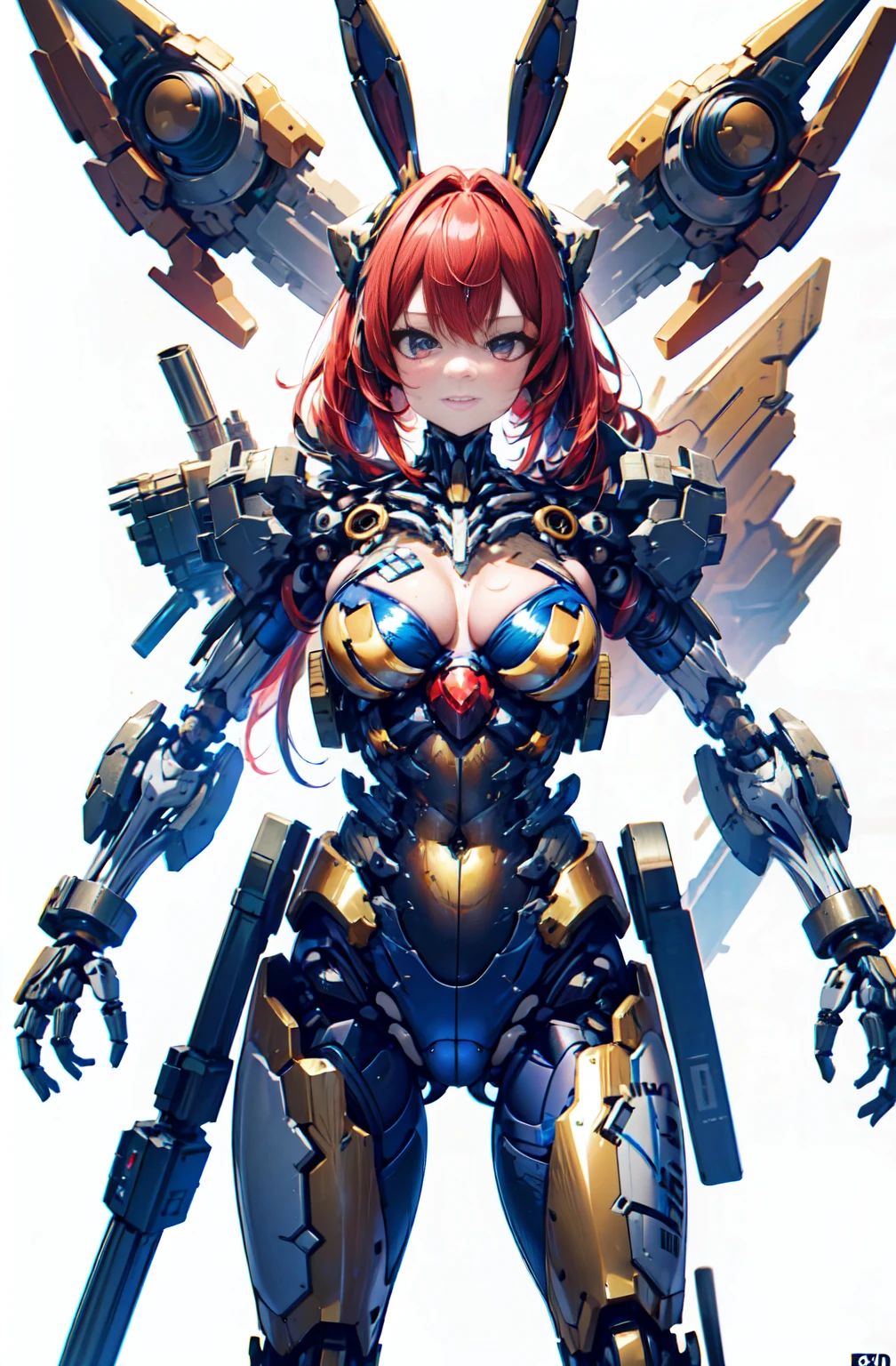 (Naked cleavage), 机器人, Masterpiece face, Masterpiece Emine machine body), (Mechanical joints, Mechanical skeleton and artificial muscles:1.3), Mechanical Skin, Revealing the internal structure of the Flanker machine:1.2), (Red long hair), (Mechanical leotard), Rabbit ears, Rabbit tail, cowboys_shot, Side Focus, shiny, cyberpunked, masutepiece, Best Quality, Capture super cute moments, depth of fields, ultra-detailliert, Ultra High Resolution, C4D, Octadale, 3D Modeling, 8K, 16 K,