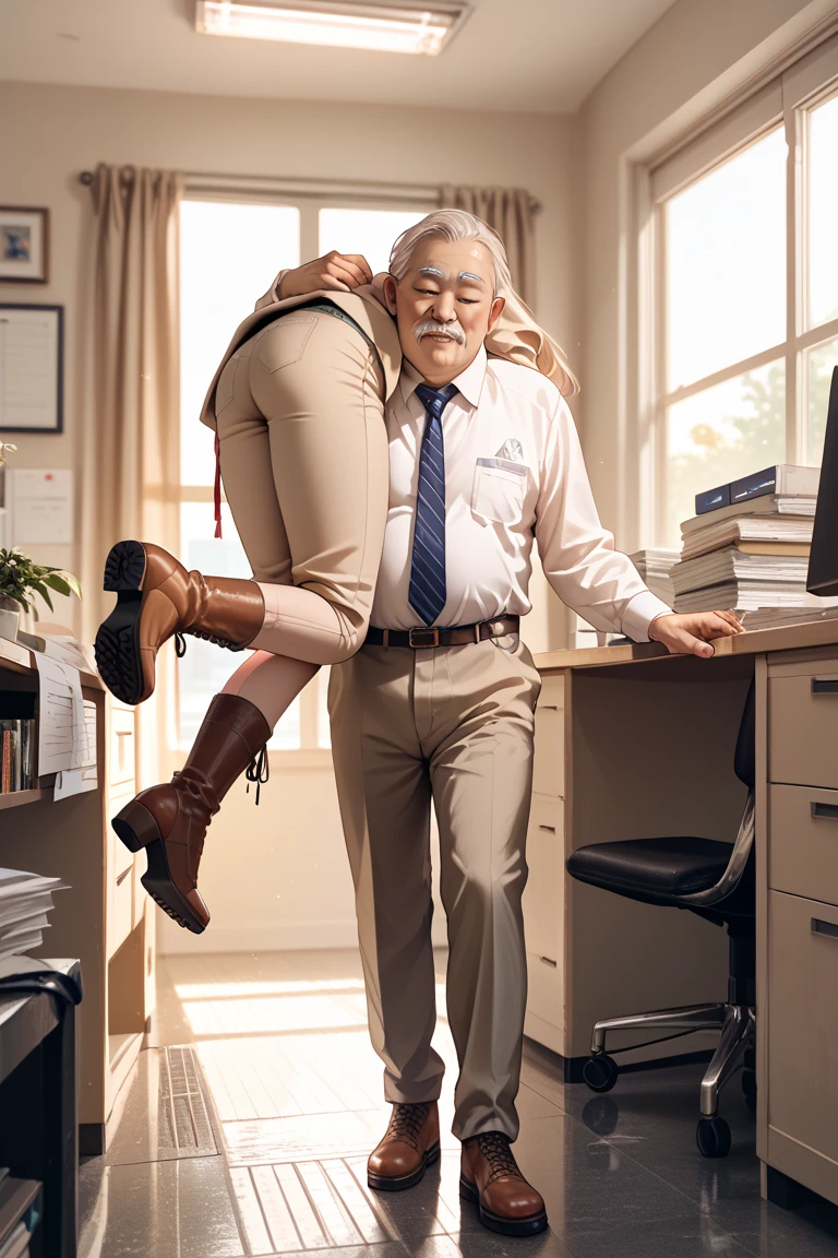 
Old man in a business suit lift and carry teenage girl passed out and sleeping, teenage girl wearing light beige leather pants and beige leather boots, daylight, inside a empty private office