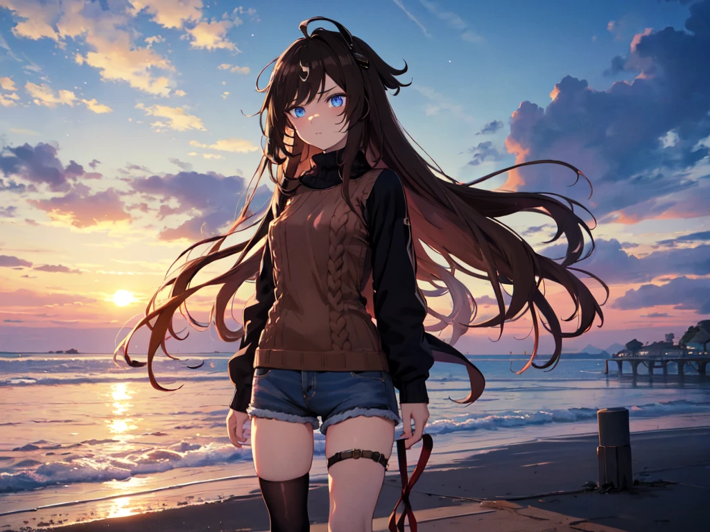 solo, one girl, human ear, (blue eyes), (short height, flat chest), (vertical rolls, vertical rolls, long hair, hair tied in a large ribbon at the back of the head, hair ornament in front), (serious face), (hiding hands), (denim shorts, boots, knee-high socks, winter cable knit sweater), (sunset sky, evening sun, evening sky, beachside), (chest centered, tilted angle), (high resolution, masterpiece, accurate, anatomically correct, multiple awards, top quality, detail, high quality model, high detail, high quality, quality, retina, highly detailed, textured skin, ultra high definition)