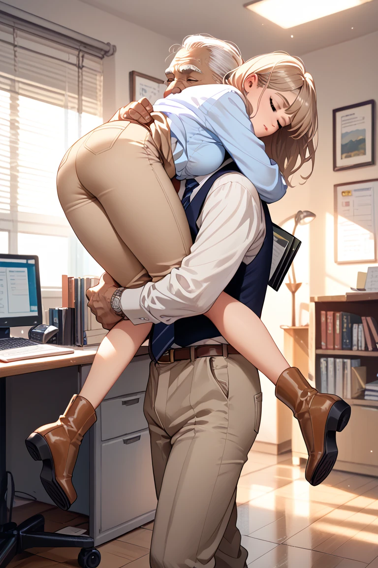 
Old man in a business suit lift and carry teenage girl passed out and sleeping, teenage girl wearing light beige leather pants and beige leather boots, daylight, inside a empty private office