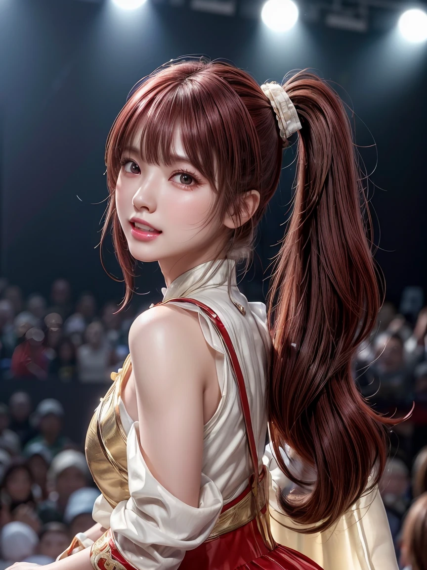  Extremely Detailed CG Unity 8K Wallpaper, Beautiful paintings, (( dark red hair 、 Left Side Ponytail )), (( almond-shaped eyes :1. 4)),  shiny hair, Thick bangs, (( showing white teeth : 1. 2)), ((Image Processing Algorithms:1.5)),  high pixel density in front of the copier、 beautiful and exquisite eyes 、 best quality, Ultra-clear illustrations、 High Contrast 、Color tone correction、 super realistic oily skin and glossy skin, Detailed fabric texture,  Physically Based Rendering 、 RETINA、 ray tracing,  RAW photo, Natural Frontal Light 、Accurate Fingers,  anatomically accurate , 
break、
((  upper body closeup :1.2)), ((  idol costume))、((Idols singing on stage  ))、 illuminated by spotlights 、Confetti、Sparkling、