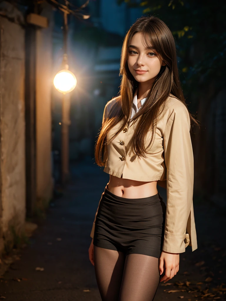 (1 lady), The beautiful, (Best quality at best:1.4), (ultra - detailed), (extremely detailed CG unified 16k), (dark, greenish, gray-brown hair), very detailed, High-definition RAW color photo, professional photoshooting, amazing face and eyes, cosmetics, (amazingly beautiful girl), ((Ibuki Fuko, small woman, NOT Dasha Taran)), ((clannad uniform, blue skirt, black tights)), (extremely detailed background, a lot of details background, realistic background), realistic cinematic face, head to feet long wide zoomed out view, full body long view, photorealistic, ((honey eyes)), gorgeous, extremely beautiful face, perfect model beauty, pout mouth, Highly Detailed Face and Skin Texture, Detailed Eyes, Double Eyelids, Very Small Breasts, Persistent Stare, Faith Trance, (funny expression, mystical stare, looking eternity), (masterpiece), smile, beautiful smile, best quality, high resolution, depth of field, cinematic lighting, amazing legs, black combat boots, clear and well-cared skin,