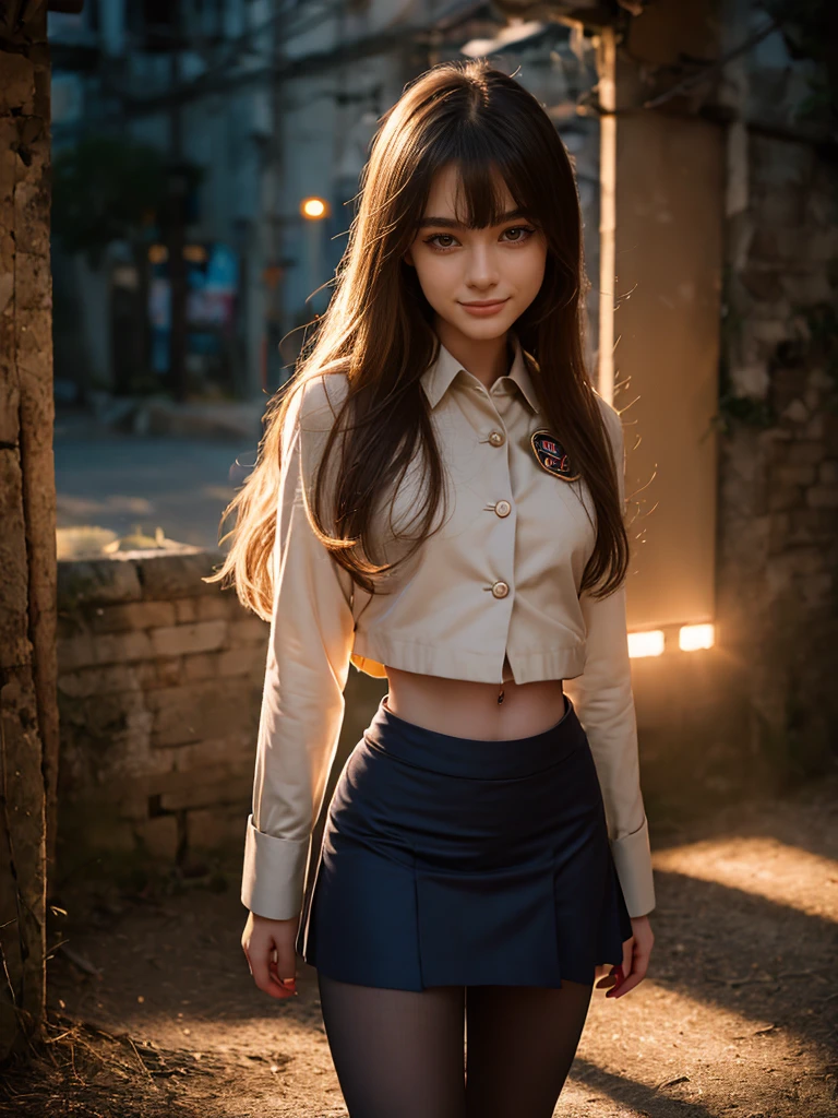 (1 lady), The beautiful, (Best quality at best:1.4), (ultra - detailed), (extremely detailed CG unified 16k), (dark, greenish, gray-brown hair), very detailed, High-definition RAW color photo, professional photoshooting, amazing face and eyes, cosmetics, (amazingly beautiful girl), ((Ibuki Fuko, small woman, NOT Dasha Taran)), ((clannad uniform, blue skirt, black tights)), (extremely detailed background, a lot of details background, realistic background), realistic cinematic face, head to feet long wide zoomed out view, full body long view, photorealistic, ((honey eyes)), gorgeous, extremely beautiful face, perfect model beauty, pout mouth, Highly Detailed Face and Skin Texture, Detailed Eyes, Double Eyelids, Very Small Breasts, Persistent Stare, Faith Trance, (funny expression, mystical stare, looking eternity), (masterpiece), smile, beautiful smile, best quality, high resolution, depth of field, cinematic lighting, amazing legs, black combat boots, clear and well-cared skin,