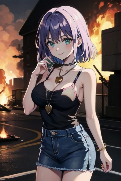 RINSLET WALKER, GREEN EYES, NECKLACE, whole body, cleavage,Black no sleeve、sexy blue denim skirt 1girl, Alone, facing viewer, looking at viewer,  holding a handgun 、upper body, fence、 smile,Infiltrate a military base、Military base exploding in flames、The building is on fire