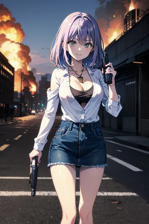 RINSLET WALKER, GREEN EYES, NECKLACE, whole body, cleavage,Black no sleeve、sexy blue denim skirt 1girl, Alone, facing viewer, looking at viewer,  holding a handgun 、upper body, fence、 smile,Infiltrate a military base、Military base exploding in flames、The building is on fire