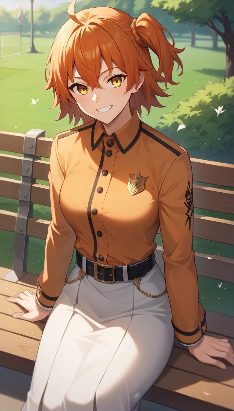 ((1 girl)), ritsuka ,  short hair,  orange hair,  smiling, one side up, collector, collector naranja,  Yellow Eyes , breasts,  white jean ,  orange shirt , long sleeves,  black belt ,  High resolution, ultra-sharp, 8K,  masterpiece,  looking at the spectator, (( masterpiece)), (( high definition )), (( lyrics)), anime badass 8K,  better noise removal ,  The best quality, best render , ritsuka  niña pequeña,  wearing a white dress ,  smiling de alegría,  sitting on a wooden bench in the park, ritsuka  joven, ritsuka  e