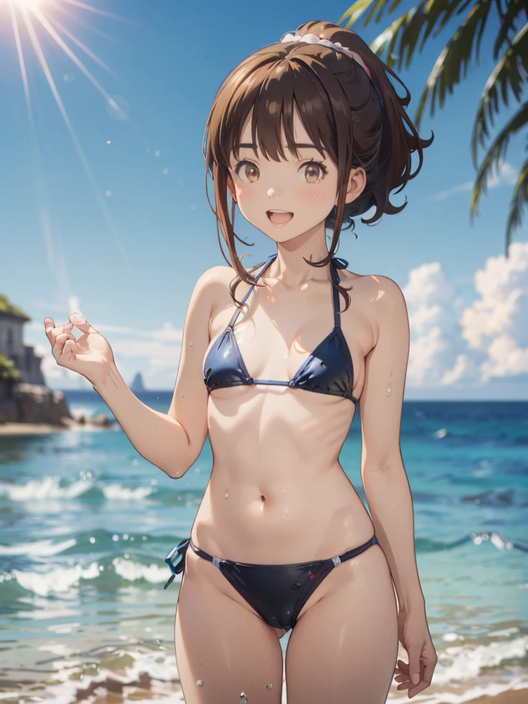 ((NSFW)),((cowboy shot )),  ((jinno megumi, brown hair, ponytail, brown eyes)), ((NSFW)),((Micro bikini - swimsuit with a small area)), (cameltoe:1.1)  (((Smaller chest))), Best Quality, (masutepiece:1.2), Highly detailed, 1girl in, Solo, raise a hand, Looking at the viewer, Open mouth, Smile, tooth,  Girl in 1, Solo, cowboy  shot,Depth field、light on face、Portrait、sunshine、sky porn、smile、((ocean, water, splash,))