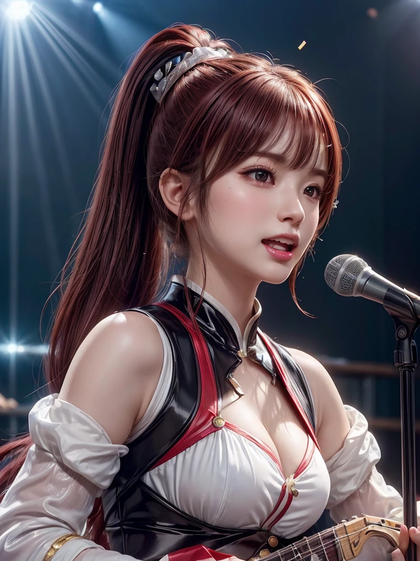  Extremely Detailed CG Unity 8K Wallpaper, Beautiful paintings, (( dark red hair 、 Left Side Ponytail )), (( almond-shaped eyes :1. 4)),  shiny hair, Thick bangs, (( showing white teeth : 1. 2)), ((Image Processing Algorithms:1.5)),  high pixel density in front of the copier、 beautiful and exquisite eyes 、 best quality, Ultra-clear illustrations、 High Contrast 、Color tone correction、 super realistic oily skin and glossy skin, Detailed fabric texture,  Physically Based Rendering 、 RETINA、 ray tracing,  RAW photo, Natural Frontal Light 、Accurate Fingers,  anatomically accurate , 
break、
((  upper body closeup :1.2)), ((  idol costume))、((Idols singing on stage  ))、 illuminated by spotlights 、Confetti、Sparkling、