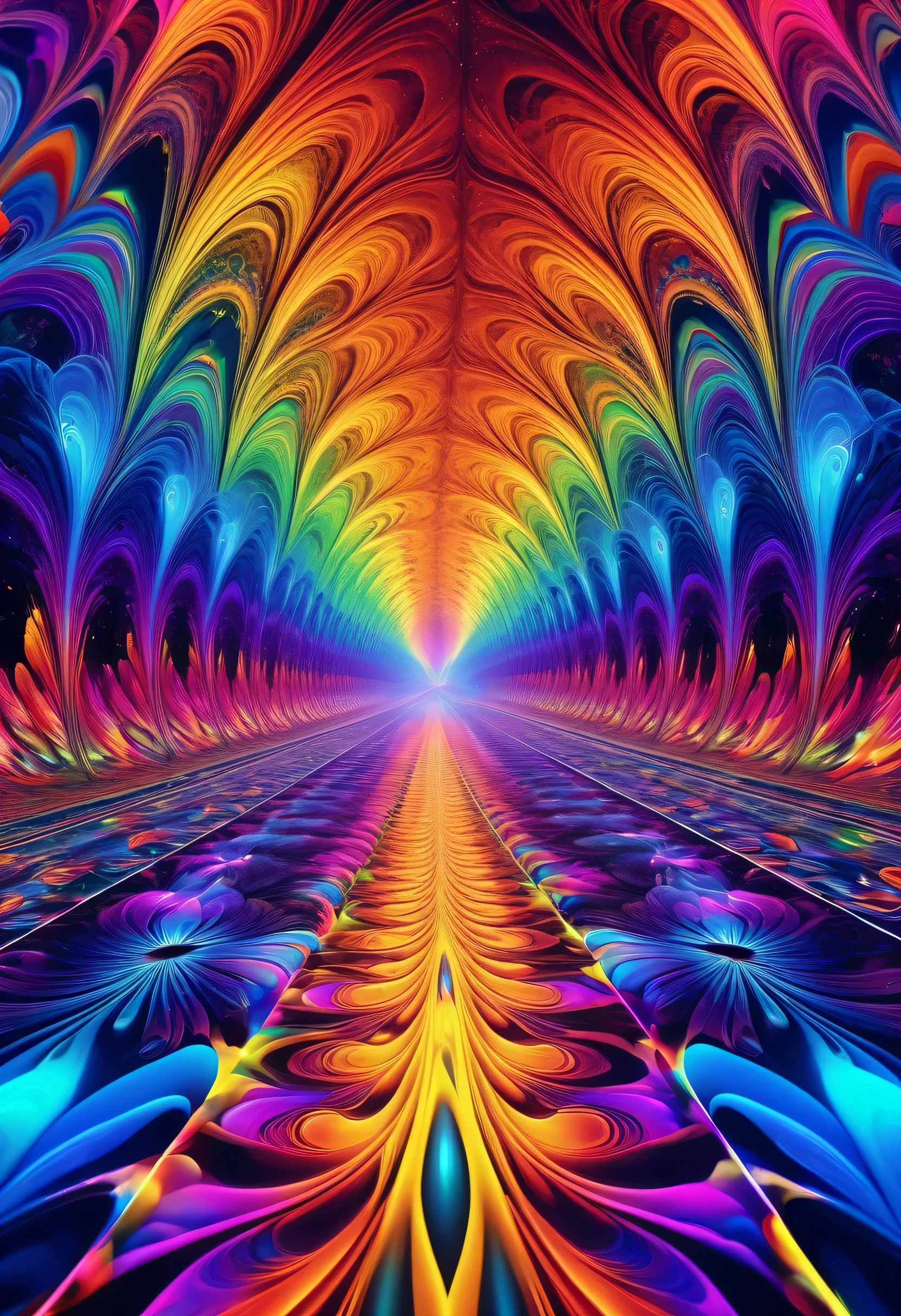 Psychedelic rainbows, vibrant colors, multicolored fractals, swirling patterns, glowing effects, dreamlike atmosphere, mystical vibes, surreal scenery with fluid shapes, ultra-detailed, 4K resolution, luminous and radiant light, kaleidoscope-inspired background, vivid contrast, striking and evocative imagery, electric and neon highlights, ethereal and whimsical design, eye-catching depth and brilliance, magical and otherworldly, abstract and trippy visualization, high definition canvas.