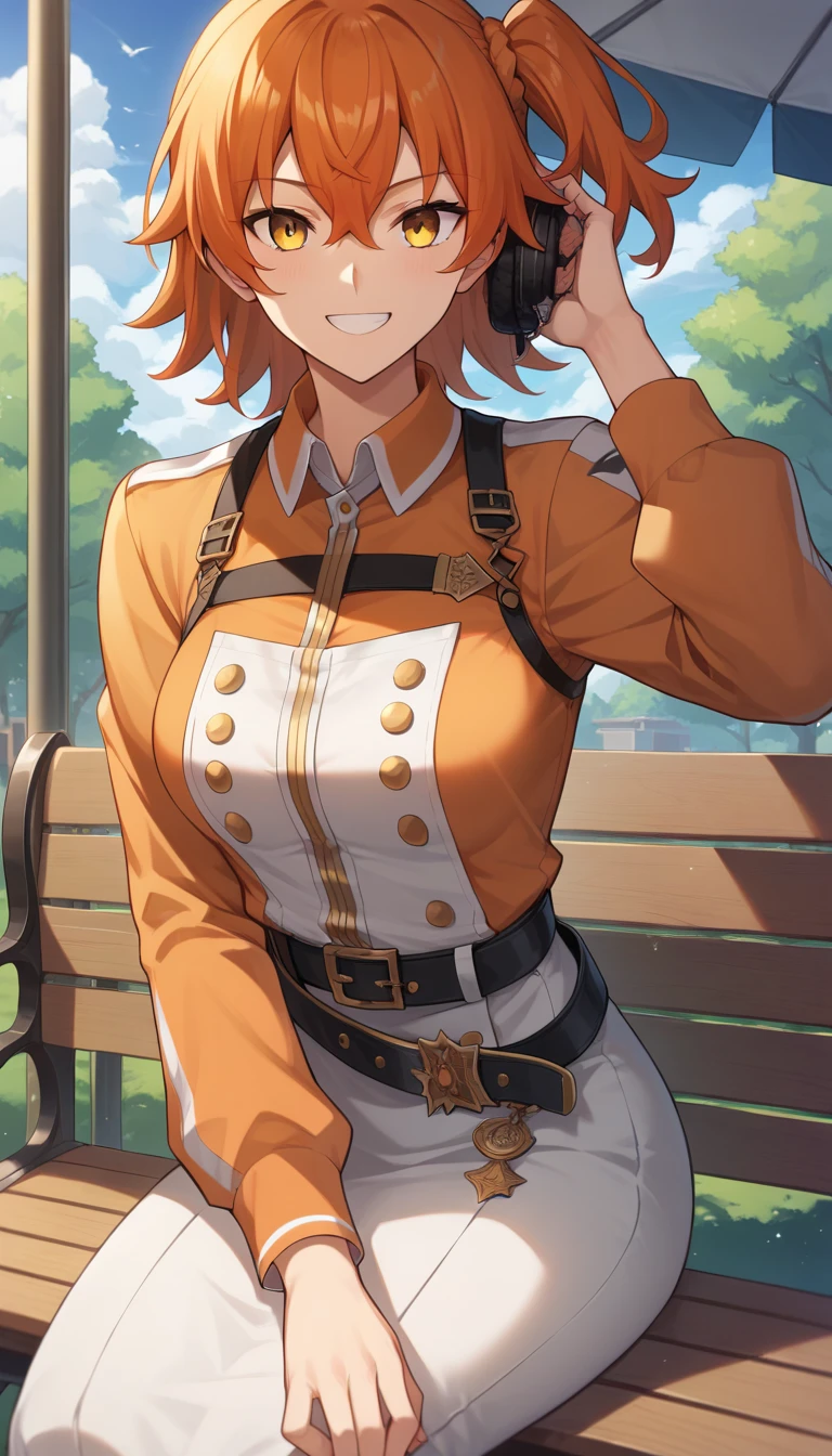 ((1 girl)), ritsuka ,  short hair,  orange hair,  smiling, one side up, collector, collector naranja,  Yellow Eyes , breasts,  white jean ,  orange shirt , long sleeves,  black belt ,  High resolution, ultra-sharp, 8K,  masterpiece,  looking at the spectator, (( masterpiece)), (( high definition )), (( lyrics)), anime badass 8K,  better noise removal ,  The best quality, best render , ritsuka  niña pequeña,  wearing a white dress ,  smiling de alegría,  sitting on a wooden bench in the park, ritsuka  joven, ritsuka  e