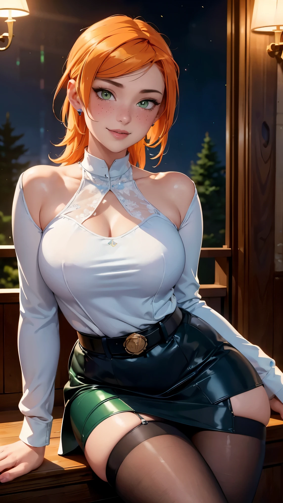 Gwen tennyson,(best qualityer,4K,8k,high resolution,work of art:1.2)(weather: sunset), forest clearing background, freckles, blue long sleeve sweater, white shirt, black bodycon skirt, tight pantyhose, belt, high heels, long straight hair, ginger hair, ultra detailed,realisitic,portraite,beautiful detailed green eyes, glowing eyes,blush,beautiful detailed lips,extremely detailed eye and face, long eyelashes,sexly,average, medium breasts,beaming smile, sexy smile,powerful girl, flirty pose, stunning curves,bright coloured,dramatic lighting,