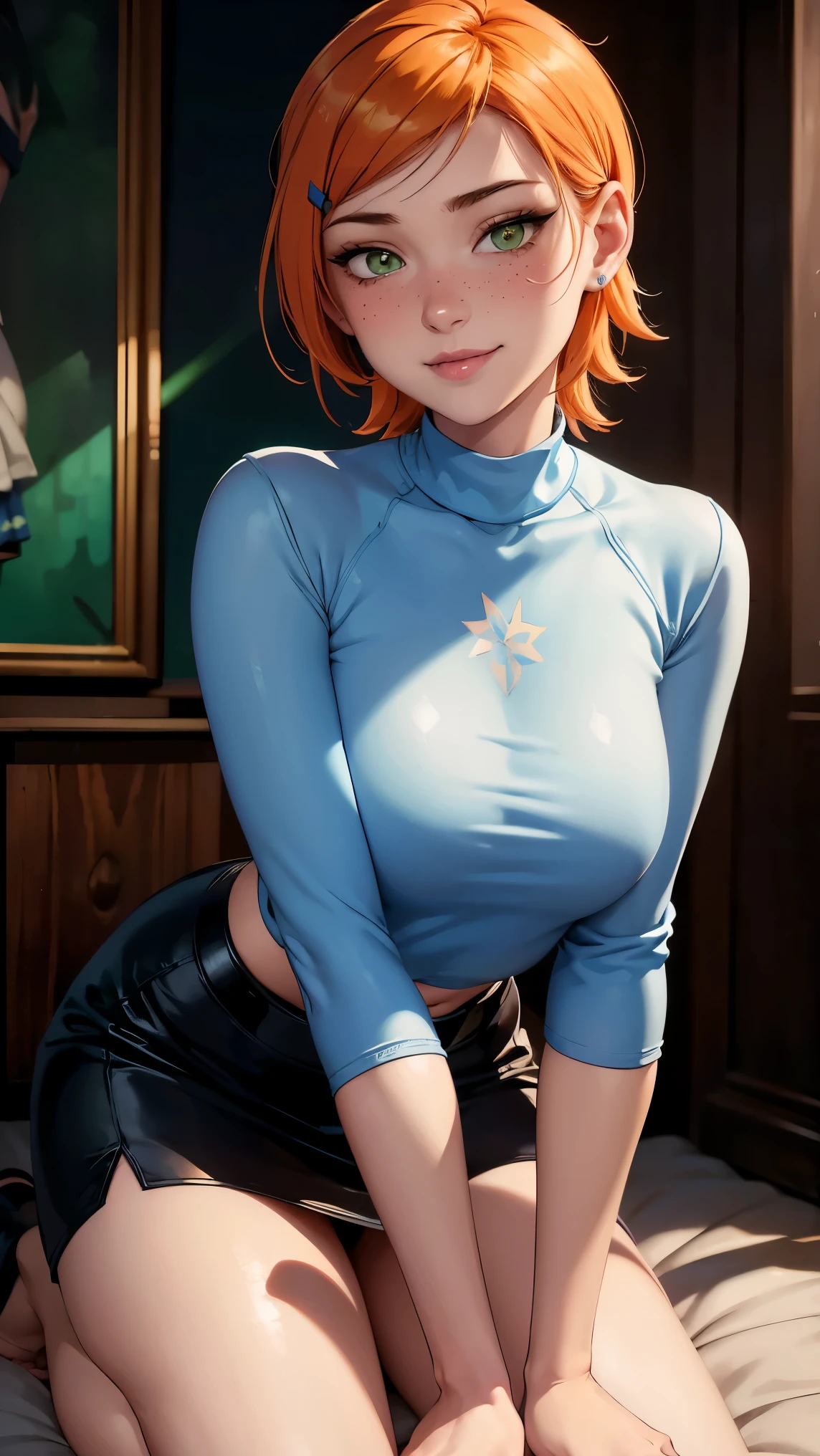 Gwen tennyson,(best qualityer,4K,8k,high resolution,work of art:1.2)(weather: sunset), forest clearing background, freckles, blue long sleeve sweater, white shirt, black bodycon skirt, tight pantyhose, belt, high heels, long straight hair, ginger hair, ultra detailed,realisitic,portraite,beautiful detailed green eyes, glowing eyes,blush,beautiful detailed lips,extremely detailed eye and face, long eyelashes,sexly,average, medium breasts,beaming smile, sexy smile,powerful girl, flirty pose, stunning curves,bright coloured,dramatic lighting,