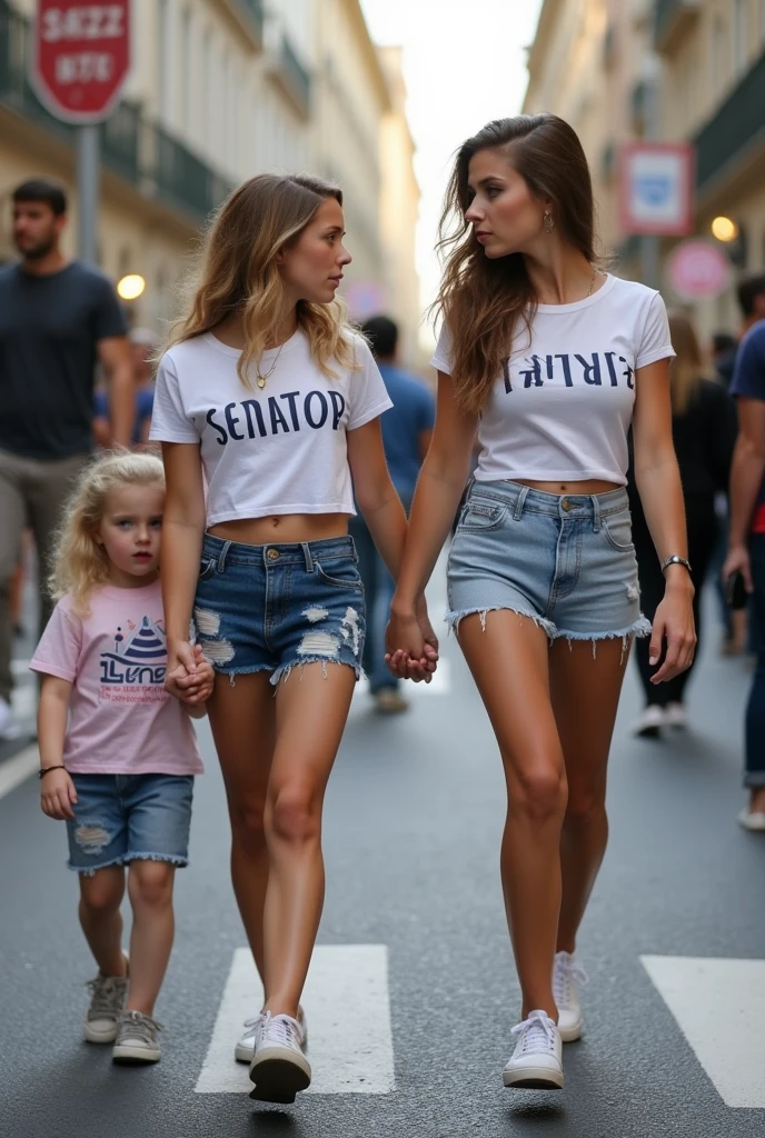 two italian women、blonde hair、With bangature mother and beautiful daughter、big breasts、sexy body、white scoop neck t-shirt、blue denim shorts、standing in an alley in italy