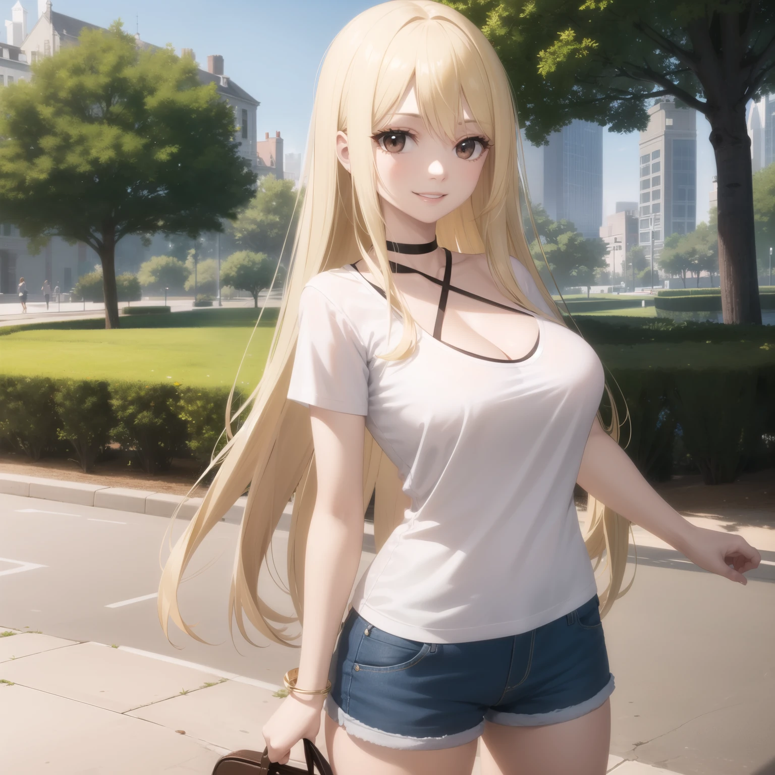 blonde golden-haired woman with long hair,  bright brown eyes ,  big breasts. happy smile, short white shirt with neckline. Shorts azules , accessories. a park. 1 girl only , Single woman.