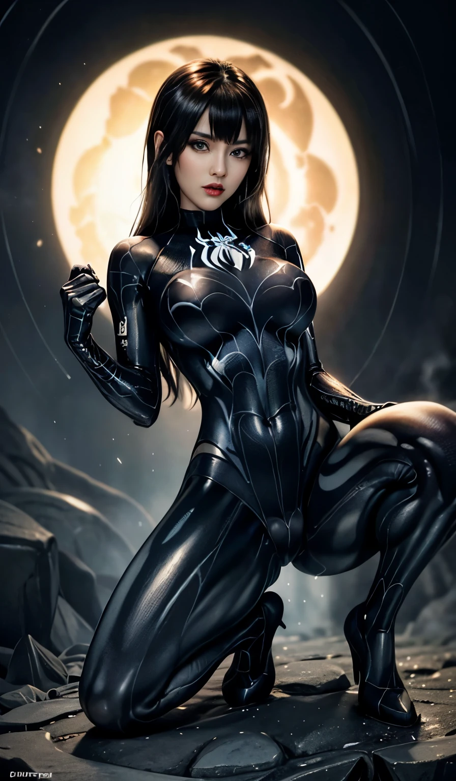 4K，Realistically，Glamorous，charming，Mature，Mature，Royal sisters,Very detailed，There is a girl in Dingcheng，Dressed in a black hero costume（Dragon Poison Liquid Black Set），（black and white：1.4） night,symbiote，poison，Lots of mucus,Electronic Demon, melted, Destroyed artwork, Fine details, Tentacles, wrapped in black Tentacles, covered with Tentacles, some Tentacles are touching her,She is a hero，Black superhero theme，Close-up of a person painted black, In front of the sky，color，( Open your legs， Camel toe，， Vulva shape：1.2）,(GGcamel toe:1.2)，35 years old，Full body female